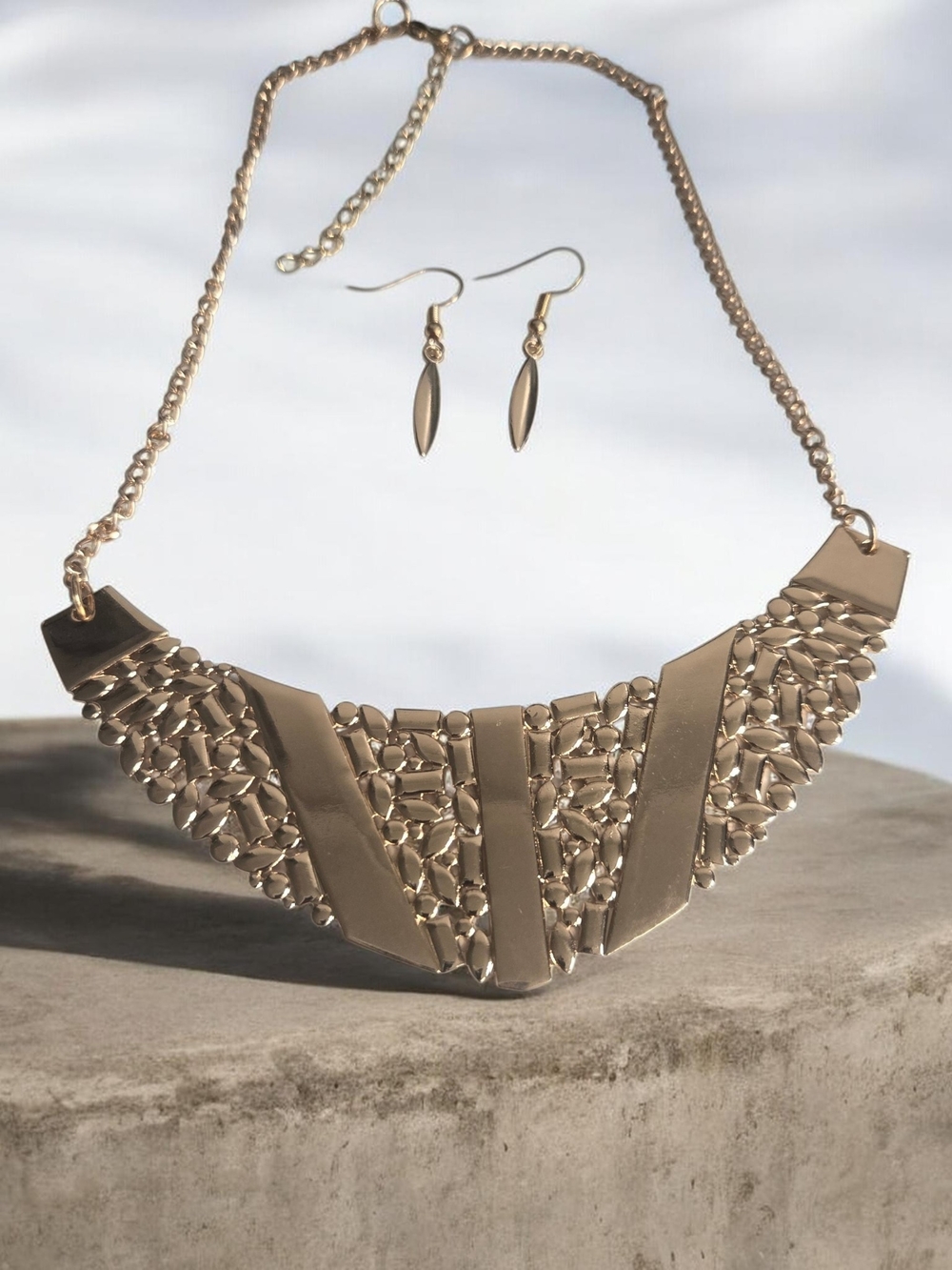 paparazzi Gold-Tone Textured Bib Necklace with Dangle Earrings
